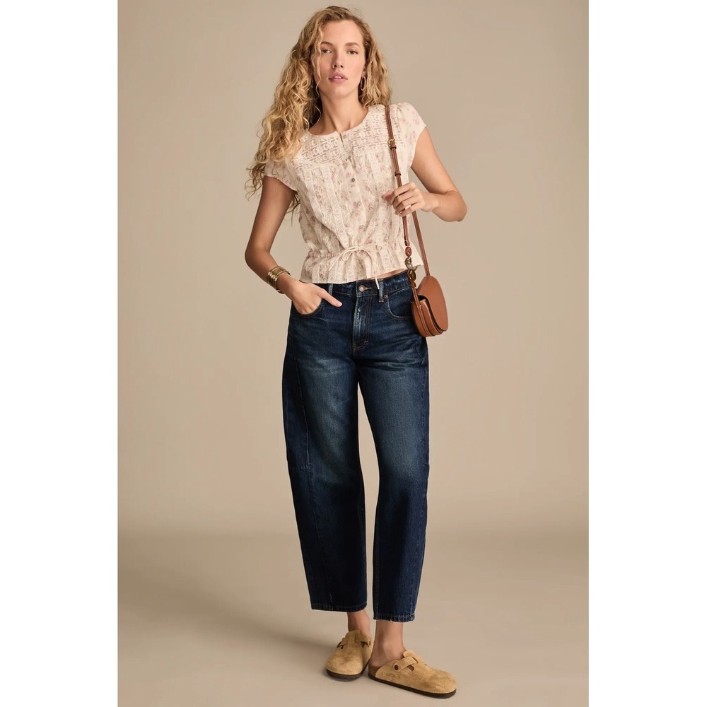 Lucky Brand Barrel Jeans Dark Ink Wash Size 30/10 Wide Leg Tapered Baggy Boho